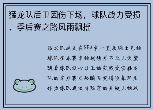 猛龙队后卫因伤下场，球队战力受损，季后赛之路风雨飘摇